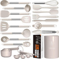 oannao Large Silicone Cooking Utensils Set - Heat Resistant Kitchen Utensils,Turner Tongs,Spatula,Spoon,Brush,Whisk,Stainless Steel Cooking Tool for Nonstick Cookware,Dishwasher Safe (Khaki)