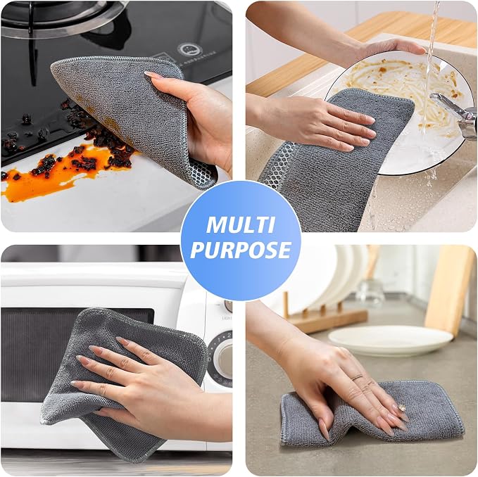 Dish Cloths for Washing Dishes with Scrub Side, Microfiber Dish Rags | Dual-sided microfiber dish cloths with scrubber for stuck-on food, quick dry kitchen washcloths 18 Pack, 7" x 7 Inch Gray