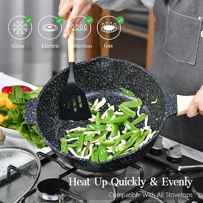 12-Inch Deep Frying Pan, Nonstick with Lid & Strainer, 6QT Granite Skillet, Induction/Gas Compatible, Includes Spatula & Sponge