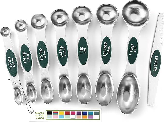 Spring Chef Stainless Steel Magnetic Measuring Spoons Set of 8, Pine Green | Nesting Metal Teaspoon & Tablespoon Measuring Spoons with Leveler for Dry & Liquid Ingredients, Dual Sided, Dishwasher Safe