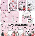 Fanfanwin 10 Pcs Pink Happy Halloween Kitchen Decor Set Pumpkins Ghost Boo Kitchen Rugs Towels Pot Holders Oven Mitts Trick or Treat Decorations for Halloween Baking Cooking BBQ