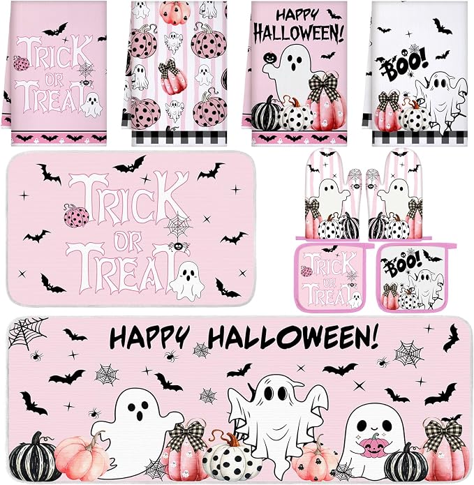 Fanfanwin 10 Pcs Pink Happy Halloween Kitchen Decor Set Pumpkins Ghost Boo Kitchen Rugs Towels Pot Holders Oven Mitts Trick or Treat Decorations for Halloween Baking Cooking BBQ