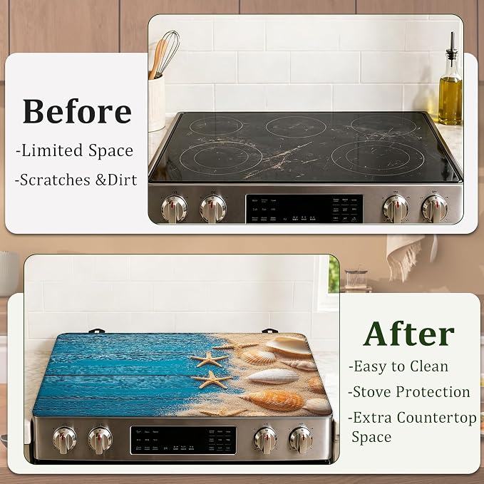 Beach Seashells Starfish Stove Top Cover Glass Cooktop Heat Resistant Cover,Ceramic Stove Top Covers Mat Prevents Scratching Stoves/Counter/Washer Protector,28.5x20.5 in