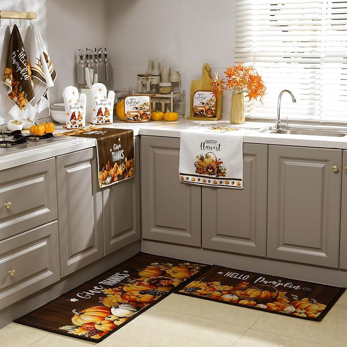 Fourluoo 10 Pcs Fall Pumpkin Kitchen Decor Set for Gift Cooking | Includes 4 Microfiber Towels, 2 Polyester Rugs and Pot Holders, Plus Foam Insulated Oven Mitts for Daily Kitchen Tasks