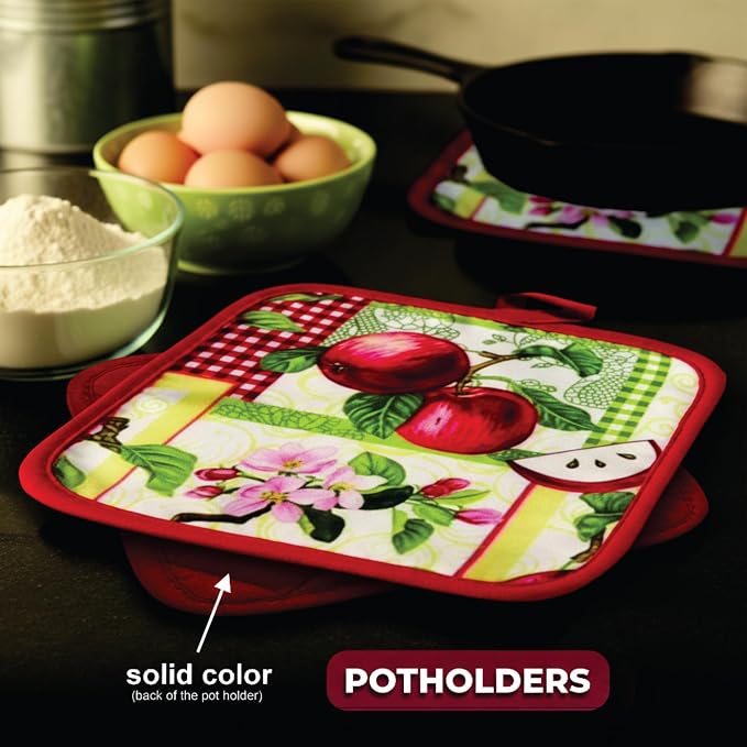 Red Apples on a Patchwork Quilt, 5 Piece Set | Kitchen Towel Set with 2 Decorative Dish Towels (25 X15), 1 Oven Mitt (11 X 7) and 2 Potholders (6.5 X 6.5)