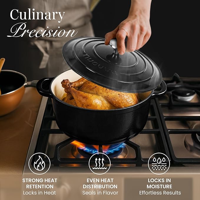 Cast Iron Dutch Oven with Lid - Non-Stick Ovenproof Enamelled Casserole Pot - Sturdy Dutch Oven Cookware - Black, 3.1-Quart, 22cm- by Nuovva