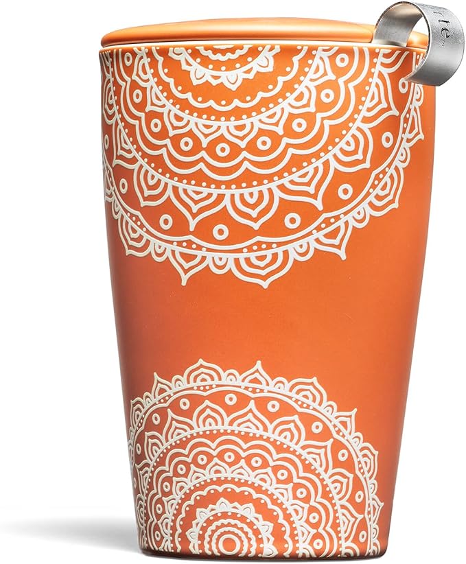 Tea Forte Double-Walled Ceramic Kati Cup, Chakra, 12 oz | Insulated Ceramic - Stainless Steel Loose Leaf Infuser - Keeps Tea Hot Longer - Lid Included - Microwave & Dishwasher Safe