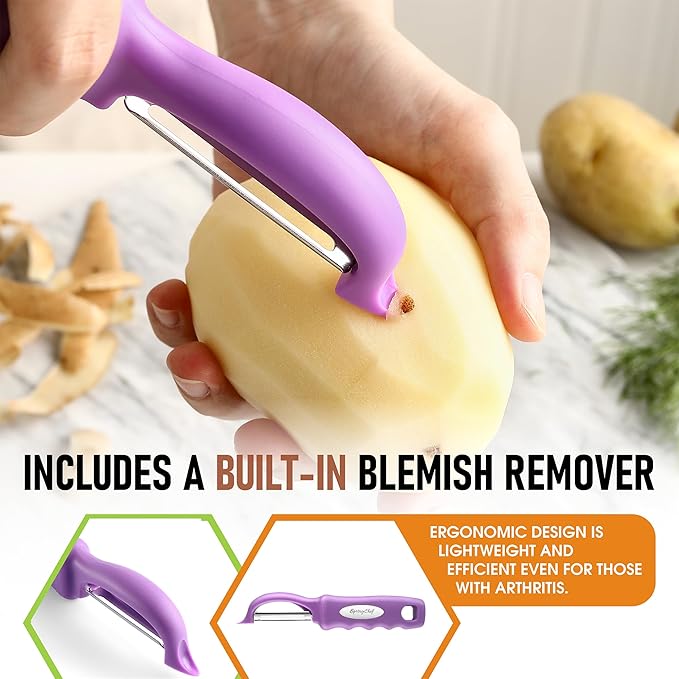 Spring Chef Swivel Vegetable Peeler for Kitchen w/Ergonomic Handle, Orchid | Premium Potato Peeler w/ Ultra Sharp Stainless Steel Blades, Multifunctional Veggie Peeler for Apple, Carrot, Cucumber, Fruit