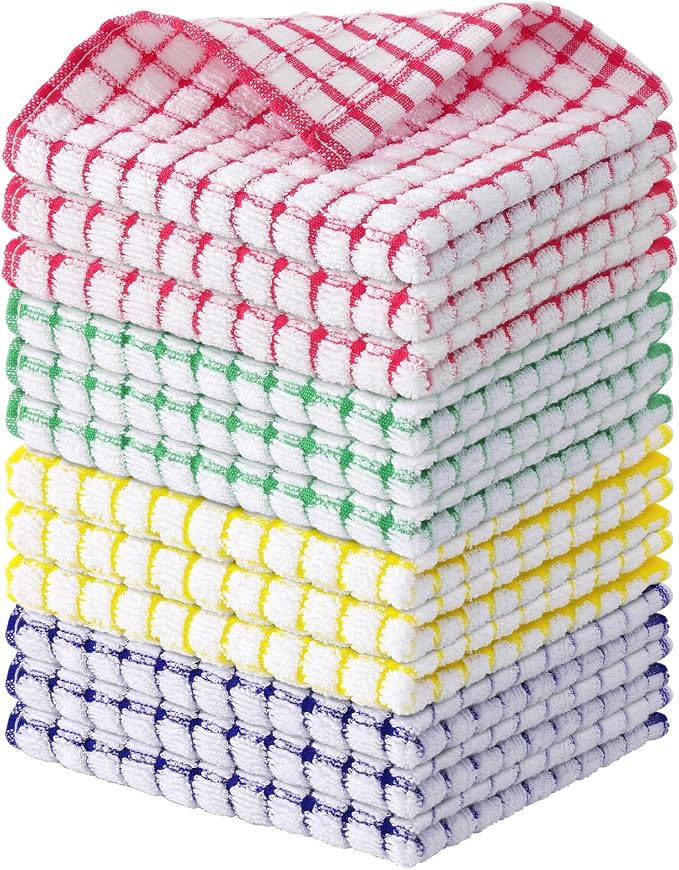 Kitinjoy Cotton 12 Pack Terry Kitchen Dish Cloths, Mixed Color | 12 x 12 Inches Super Soft and Absorbent Dish Rags, Quick Drying Dish towels for Washing Dishes