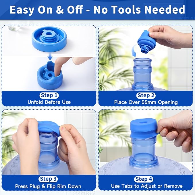 3 & 5 Gallon Water Jug Caps, 6 Pack, Fits 55mm Openings, Non-Spill Lids | 2-5 Gal Bottles, Reusable Silicone Water Bottle Caps, Refill Transport, Water Cooler Use, Bottle Pump Use, Side Pull Tabs