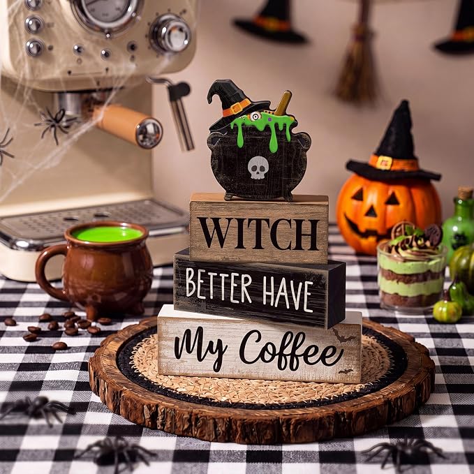 Lineshading 4 Pcs Halloween Witch Wooden Block Signs Farmhouse Tabletop | Rustic Tiered Tray Decor with Cauldron Topper, Coffee Bar Signs for Kitchen Counter, Farmhouse Home Halloween Decorations