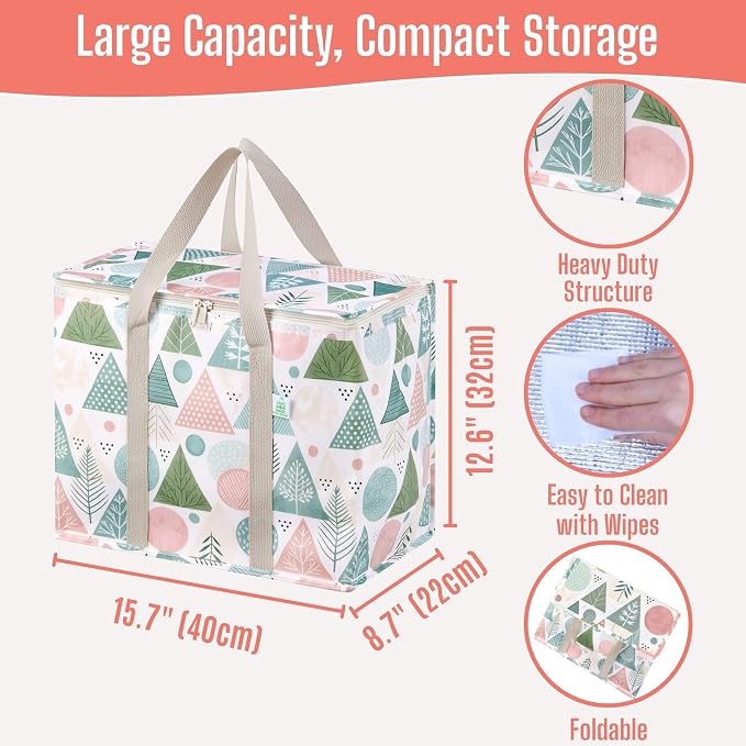 VENO 2 Pack Insulated Cooler Bag for Food Delivery, Reusable Grocery Bag | Heavy Duty Large Collapsible Cooler Shopping Tote w/ Zippers, Foldable, Stands Upright for Camping (Pastel Forest, 2 Pack)