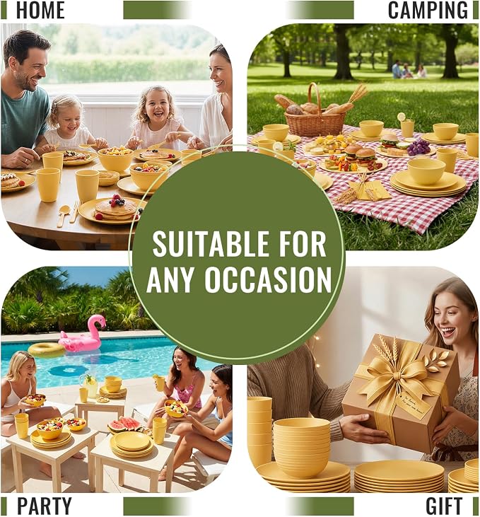 40 Piece Wheat Straw Dinnerware Sets for 8, Unbreakable Dish Set, Plates and Bowls Sets for 8, Lightweight Kitchen Dishware Set for Camping, Picnic, and Famliy Everyday Use - Yellow