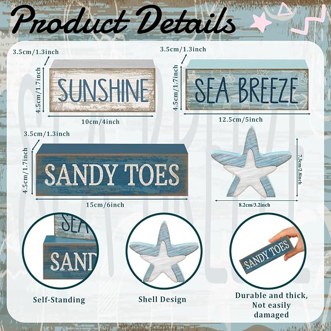 Lineshading 4 Pcs Wooden Starfish Summer Coastal Table Block Signs | Stackable Tiered Tray Decor, Beach Home Accents with Distressed Wood Finish, Nautical Starfish Topper for Coastal Shelves