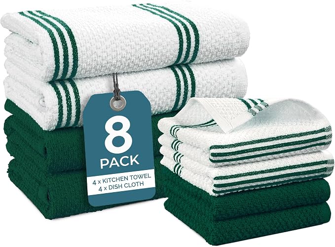 Casa Platino Kitchen Towel Set 8 Pc - 4 Dish Cloths for Washing Dishes (13"x13") & Kitchen Towels (16"x26") - Cotton Rich, Soft, Absorbent Wash Rags, Quick Dry & Durable Tea Towels for Wiping - Olive.