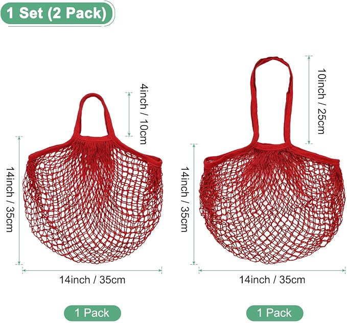 M METERXITY 2-Pack Cotton Mesh Bag, Reusable Washable Mesh Net String Grocery Bags, Reusable Produce Bags with Handle, Net Tote Bag for Fruits/Vegetables Shopping [Red, Long&Short Handle]