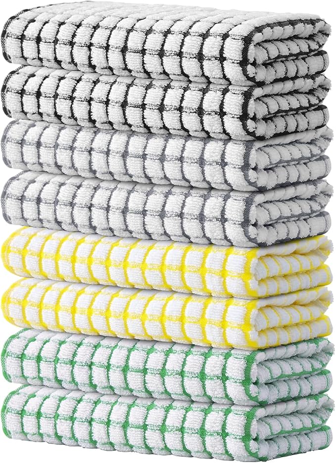 Kitinjoy Cotton 8 Pack Terry Kitchen Towels, Multi-Colored | 16 x 25 Inches Super Soft and Absorbent Dish Towels, Quick Drying hand towels for kitchen Drying