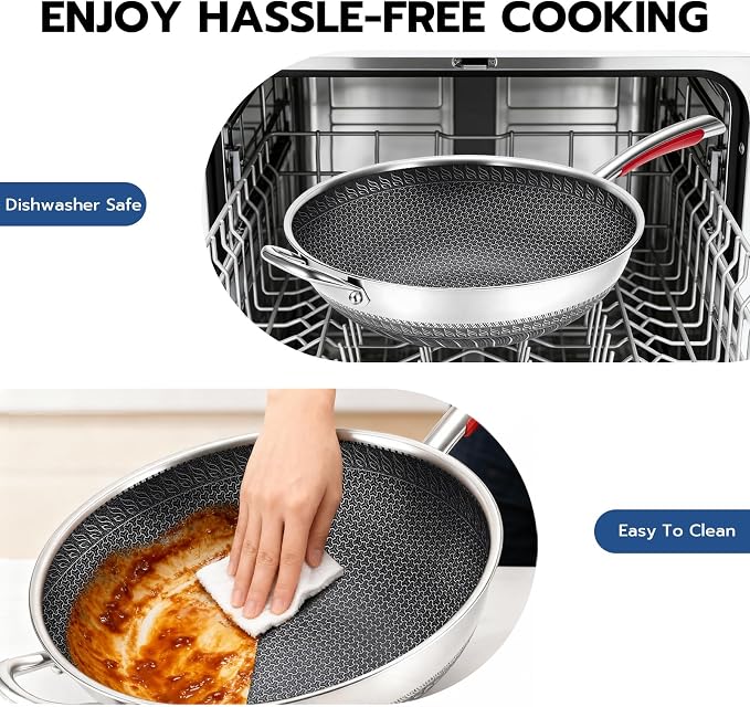 ] 14-Inch Stainless Steel Wok Pan with Glass Lid - Tri-Ply Nonstick Wok & Stir-Fry Pan, PFOA Free Uncoated Cookware for All Cooktops, Induction Compatible, Flat Bottom
