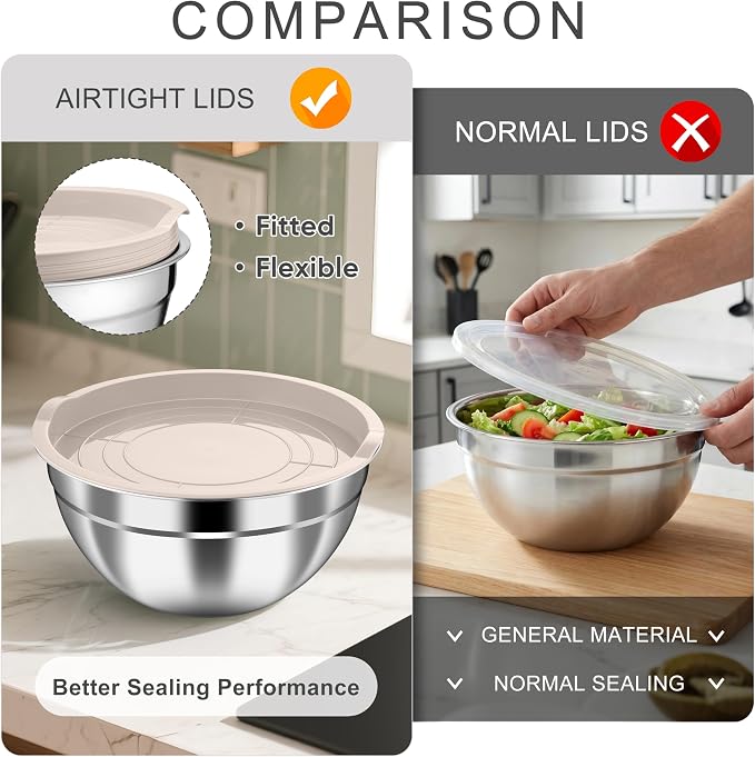 HaWare Mixing Bowls with Airtight Lids, 6-Piece Stainless Steel Salad Bowls | Strong Nesting Bowls for Cooking, Prepping, Baking, Serving & Food Storage, Stackable Design, Size 4.6, 3, 1.5QT, Khaki