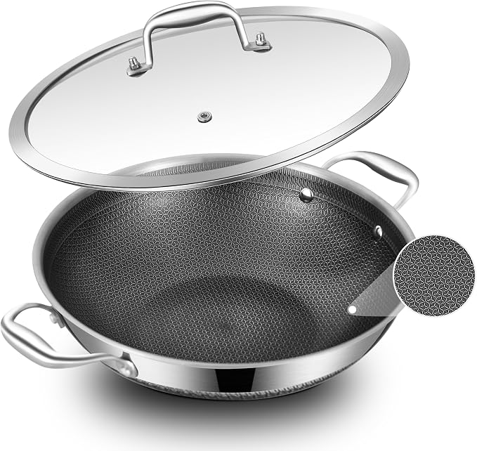 LOLYKITCH Hybird Nonstick Wok Pan with Lid | 12-Inch | Rivented Handle | Non Toxic | Tri-Ply Stainless Steel | Ceramic Coating | Stir Fry Pan | Induction Compatible | Dishwasher & Oven Safe