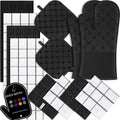 Oven Mitts Kitchen Towels Dishcloths with Pot Holders Sets 12PCS, Dish Towels Sets, Oven Gloves Pot Pads Heat Resistant 500 Degrees with Non-Slip Silicone Surface for Cooking Baking Grilling Black