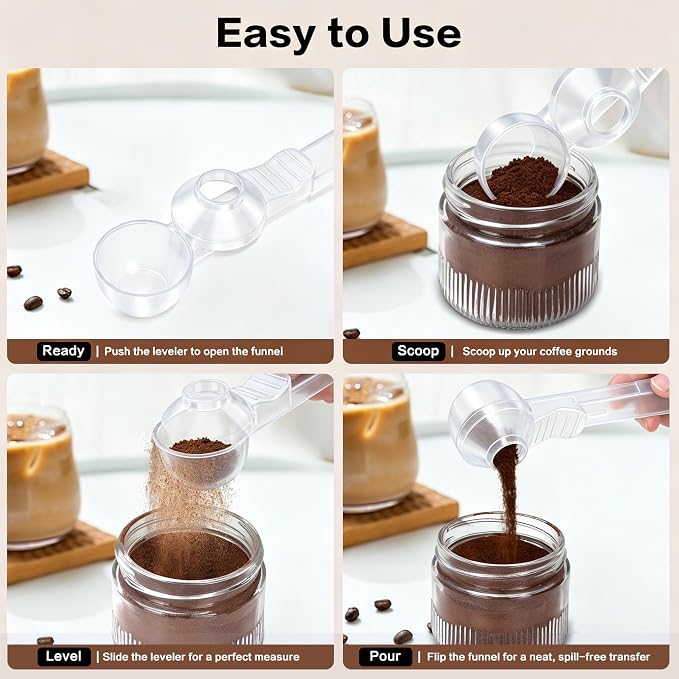2-in-1 Coffee Scoop with Funnel, 2 Tbsp Measuring Spoon for Reusable K Cups, Ground Coffee, Protein Powder & Tea, Mess-Free Plastic Design (Black+Transparent, 2pack)