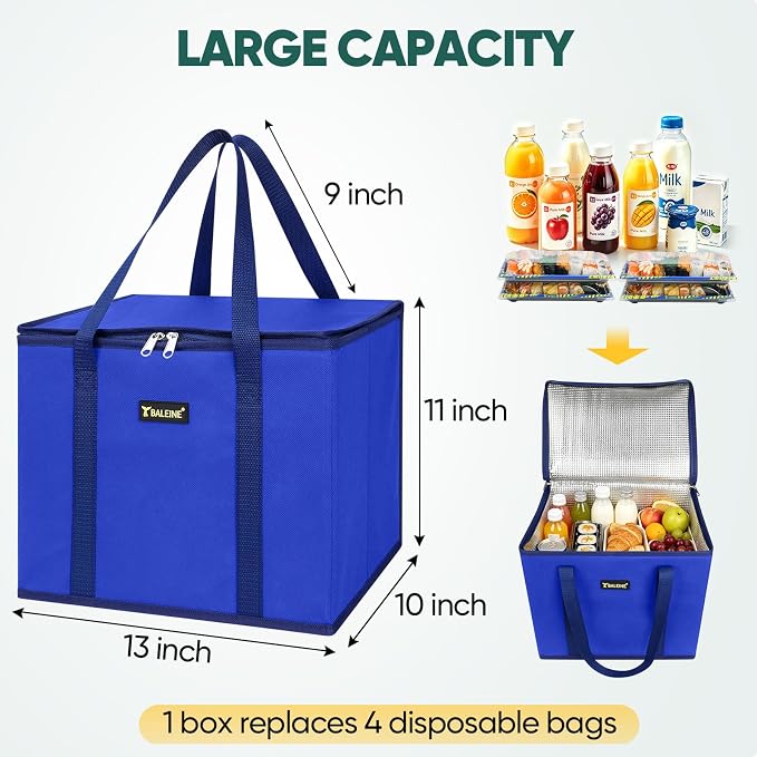 BALEINE 1PK Insulated Reusable Grocery Bag, Heavy Duty Shopping Tote | Foam & Foil Insulation, 9" Long Handles, Reinforced Bottom Keeps Upright, Fold Flat Storage, Water-Resistant Shopping Bag