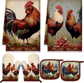 Bencailor 6 Pcs Rooster Chicken Kitchen Decor Rooster Kitchen Towels Brown Pot Holders and Oven Mitts Sets 2 Farmhouse Cooking Mittens for Cooking Grilling Supply Accessories