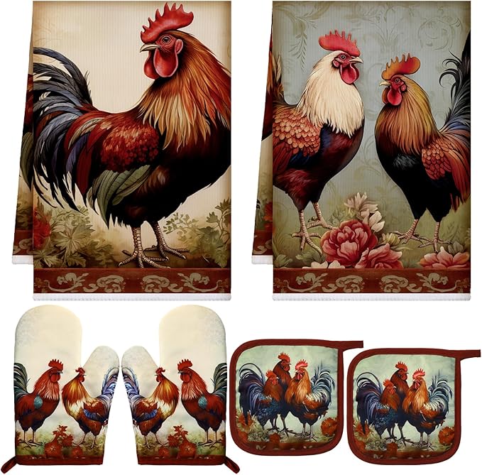 Bencailor 6 Pcs Rooster Chicken Kitchen Decor Rooster Kitchen Towels Brown Pot Holders and Oven Mitts Sets 2 Farmhouse Cooking Mittens for Cooking Grilling Supply Accessories