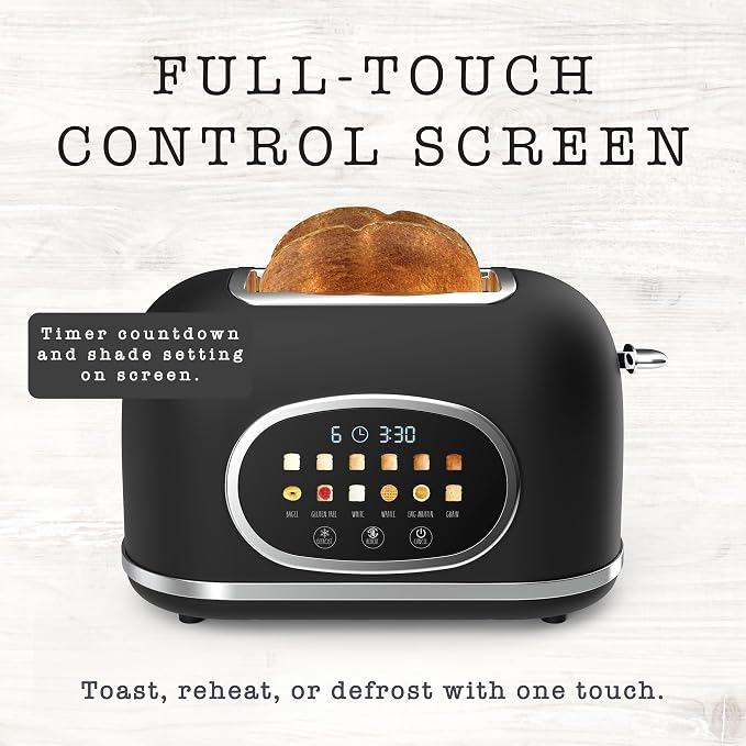 Rae Dunn Retro Digital Electric Toaster, 2 Slice Stainless Steel Toaster With Touchscreen, Countdown Timer, 6 Shade Settings, Wide Slots, High Lift Lever, Bagel, Defrost & Reheat, Digital Black