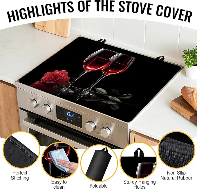 NYZE Stove Top Cover for Electric/Glass Stove, Red Wine Glasses & Rose Flat Top Cooktop Protector, Electric Cooktop Cover, Extra Counter Space for Kitchen