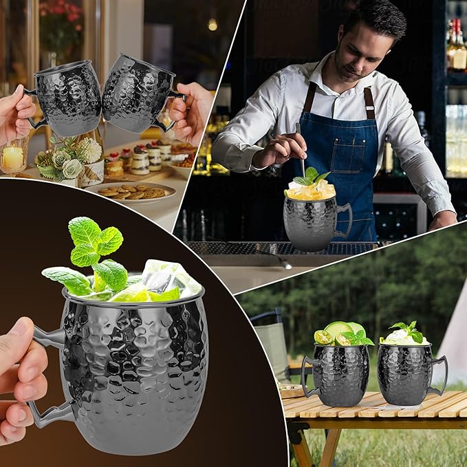 Amrules 16oz Moscow Mule Mugs Hammered with Angled Handle, Black | 304 Stainless Steel Lining, Delicate Hammered Finish, Firm Handle, for Cold Drinks, Cocktails, Wine, Beer, Bars & Parties