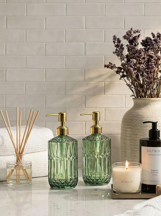 JASAI 2Pack 18Oz Green Glass Soap Dispenser with Gold Rust Proof Pump | Refillable Dish Soap Dispenser for Kitchen, Bathroom Soap Dispenser for Hand soap, Lotion, Body Wash, Liquid Soap