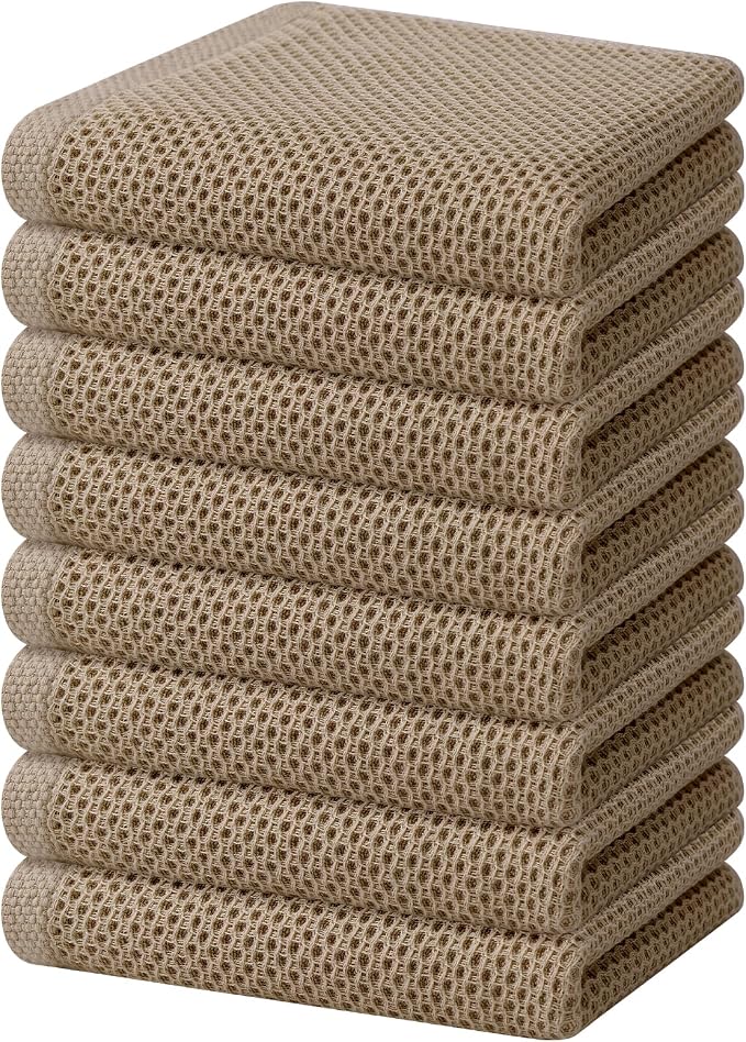 Homaxy 100% Cotton Waffle Weave Kitchen Dish Towels 8-Pack, Tan | 13 x 28 Inches, Ultra Soft Absorbent Dish Towels, Quick Drying Cleaning Towels