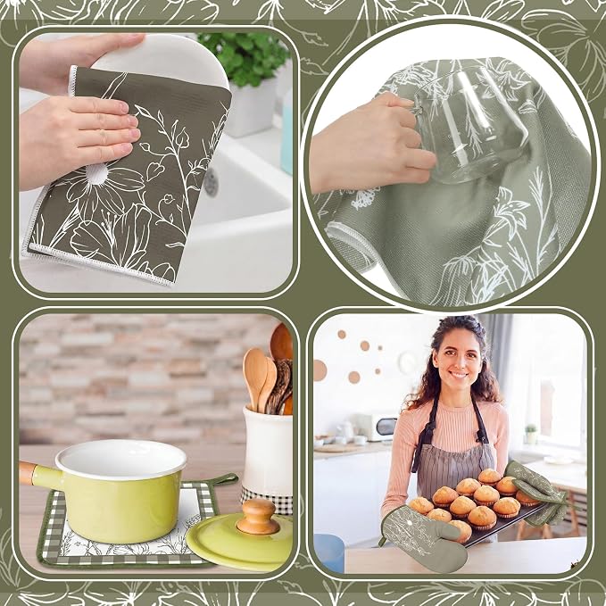Fourluoo 10 Pcs Flower Line Drawing Kitchen Decor Set Dish Towels Kitchen Rugs Oven Mitts and Pot Holders Set for Cooking Baking Grilling Women Mom Daughter Gift