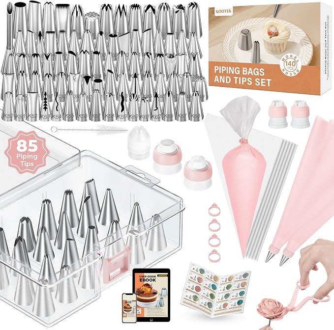 Kootek 140 Piping Bags and Tips Set Frosting Piping Kit for Beginner & Pros | Baking Supplies Tools, 40+2 Disposable & Reusable Piping Bags 12", 85 Icing Piping Tips, for Cookie Cupcake Cake Decorating