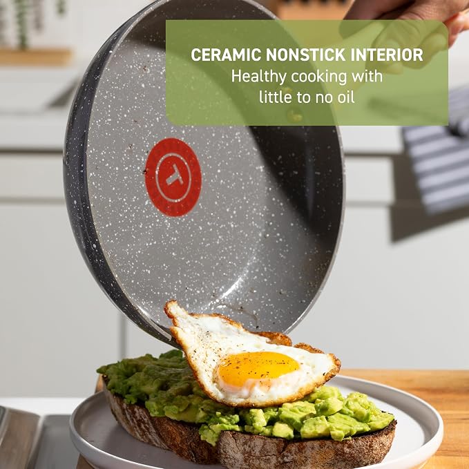 T-fal Revive Ceramic Nonstick Skillet with Lid, 6 Qt, Forged, Oven Safe | Recycled aluminum body, Thermo-Spot heat indicator, Vented glass lid, Simmers and sautes large batches, No induction
