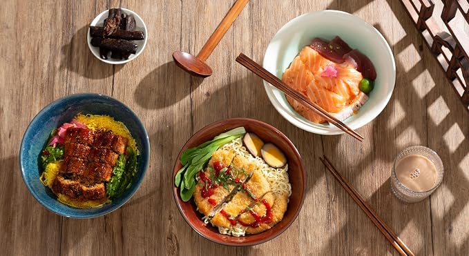 8 Inch Ceramic Ramen Bowl Set of 2, 40oz Japanese Bowls with Spoons & Chopsticks,Durable,Microwave & Dishwasher Safe,Perfect for Ramen,Pho,Salad,Soup,Noodles，Mixing bowls（Cyan Sea）