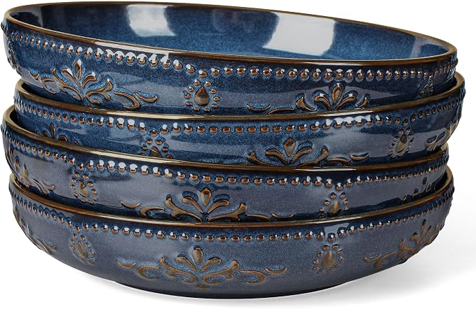 Pasta Bowls, 50oz Large Salad Serving Bowls, 9.75'' Plates Bowl Set of 4, Big Ceramic Soup Bowl for Kitchen, Embossment Shallow Dinner Bowl, Microwave Dishwasher Safe, Damask Floral, Blue