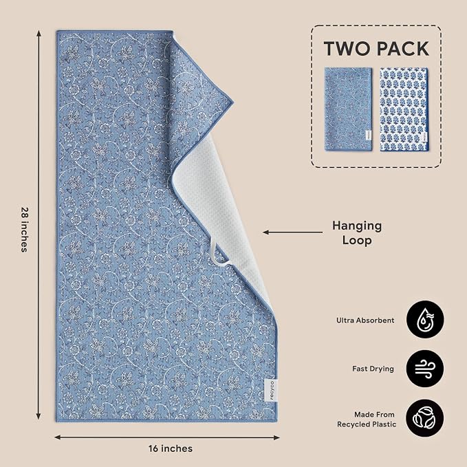 RECYCO Waffle Kitchen Towel Set of 2 - Quick Dry Microfiber Sustainable Dish Towels - Ultra Absorbent Reusable Cleaning Tea Towels - Lightweight Hand Towels,16”x 28”, Porcelain Blue