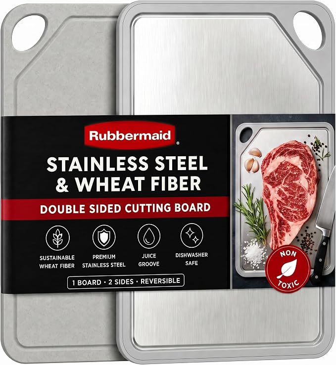 Rubbermaid Stainless Steel Cutting Board, Dishwasher Safe Double Sided Cutting Boards for Kitchen | BPA Free Non Toxic Chopping Board for Meat, Veggies & Fruits | Wheat Fiber & Steel Cutting Board