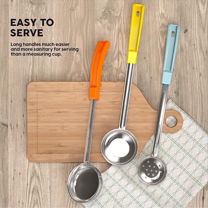 Portion Control Serving Spoons, 8 Piece Set | Restaurant Measuring Serving Ladle Utensils, Includes 2, 4, 6, 8 oz Solid & Perforated Scoops, 14-1/4" Long