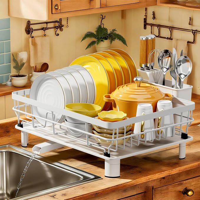 MOUKABAL Dish Drying Rack with Drainboard for Kitchen Counter, White | 13×17 Large Capacity/Rustproof Stainless Steel/Fast Drainage Dish Drainer/Removable Utensil Holder/Kitchen Counter Organizer