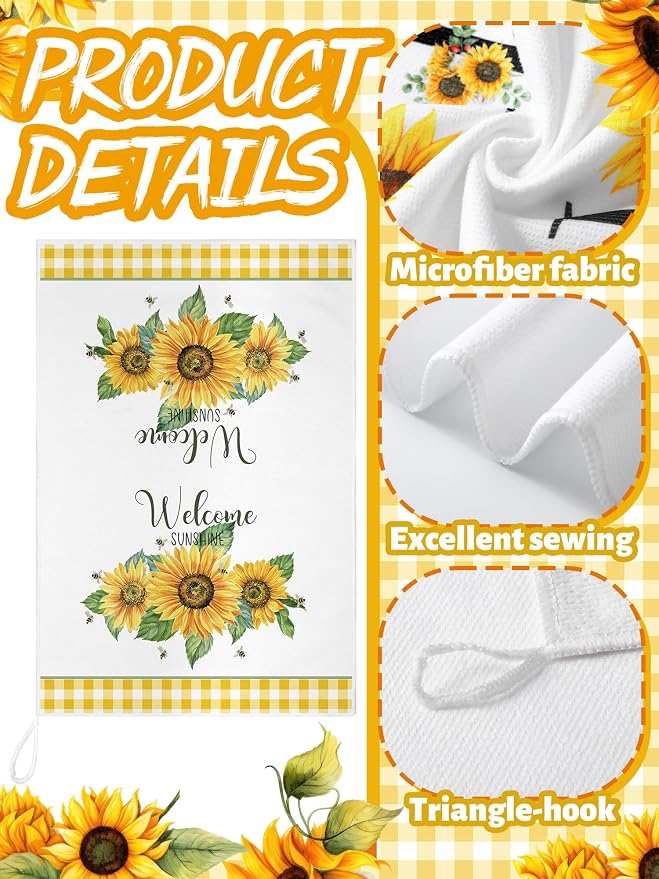 4 Pcs Sunflower Kitchen Towels Yellow and White Hand Dish Towels | Absorbent Sunshine Grid Fast Drying Decor Housewarming Gift for Cooking Bathroom Kitchen Decor