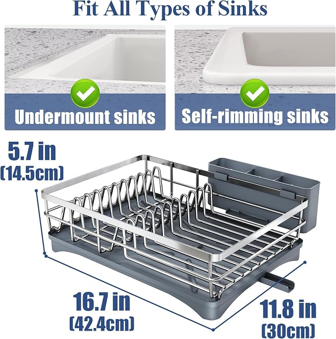 SNTD Dish Drying Rack for Kitchen Counter, 11.8" W x 16.7" L, Silver | Rustproof Stainless Steel, Large Capacity, Self-Draining Drainboard, Rotating Spout, Removable Utensil Holder
