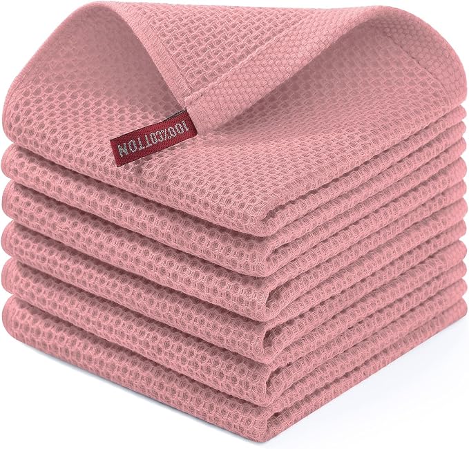 Homaxy 100% Cotton Waffle Weave Kitchen Dish Cloths 6-Pack, Dried Rose | 12 x 12 Inches, Ultra Soft Absorbent Dish Towels, Quick Drying Dish Rags with Hanging Loop