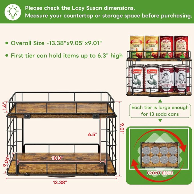 360° Rotating Lazy Susan Can Organizer for Pantry, Holds 26 Cans, Black | 2-Tier Soda Can Organizer, Metal Wire & Wood Shelf with Turntable Storage for Kitchen Cabinet, Pantry & Countertop