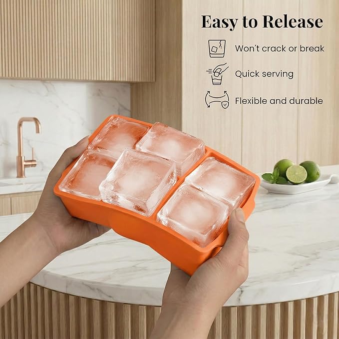 KitchFort® Large Silicone Ice Cube Tray (2-Pack) - 2" Big Ice Mold with Lid | Easy Release, Cocktail, Whiskey Ice Cubes Mold - Food Grade - Ice Cube Trays for Freezer - Stackable Silicone Ice Tray