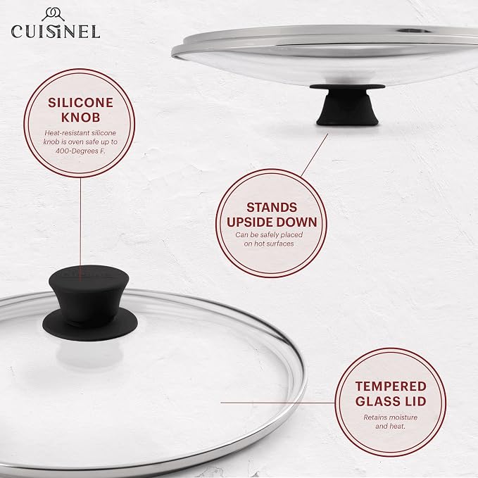 Cuisinel Cast Iron Skillet with Lid - 10"-Inch Pre-Seasoned Frying Pan + Glass Cover + Heat-Resistant Handle Holder - Indoor/Outdoor Use - Grill, Stove, Camp Firepit, Induction - Oven Safe Cookware