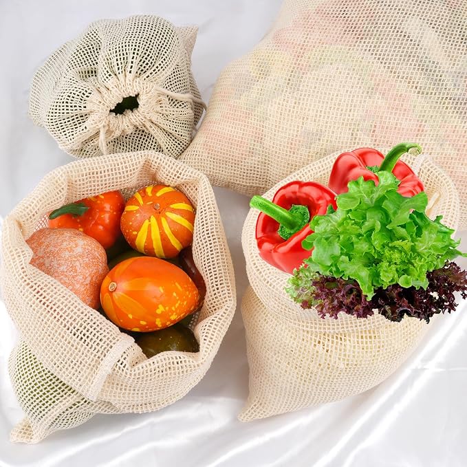 8 Pack Reusable Produce Bags, Mesh Produce Bags, Mesh Bags For Vegetables | Reusable Produce Bags Cotton Washable for Refrigerator Grocery Fruits Veggies Shopping, Transporting, Storing (2XL,2L,2M,2S)